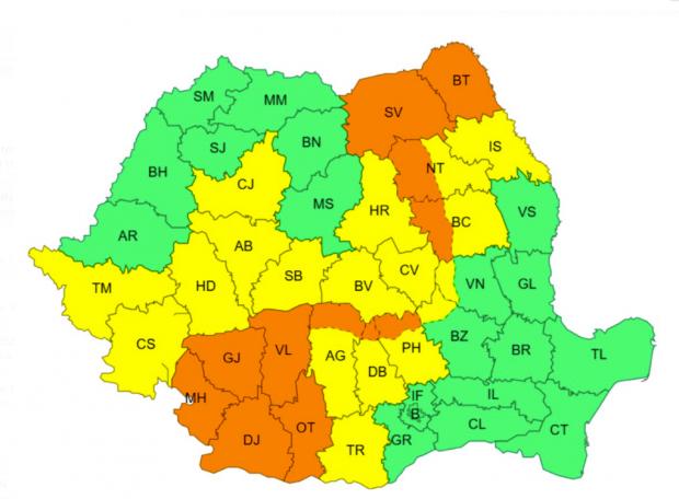 Atenție: cod portocaliu de vijelii și ploi puternice anunțat în 12 județe