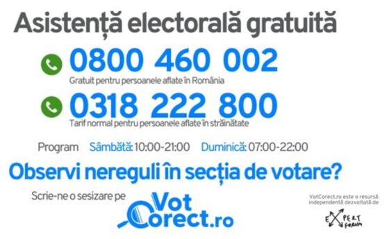 Call center pentru asistență electorală și platforma www.votcorect.ro pentru sesizarea neregulilor la alegerile prezidențiale