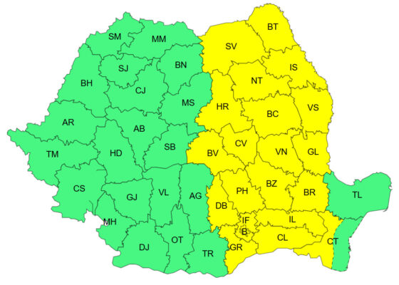 Județul Giurgiu – Avertizare meteo de cod galben