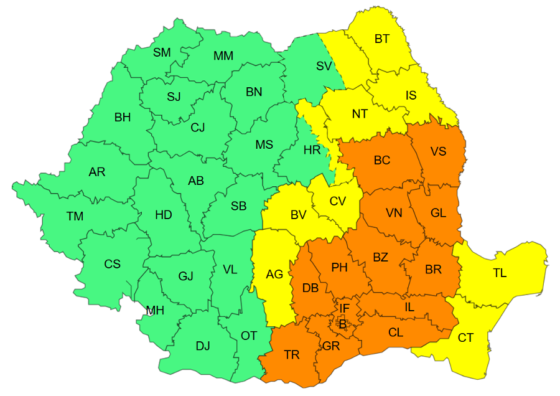 Județul Giurgiu sub cod portocaliu de precipitații