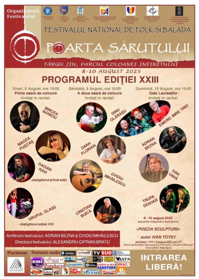 Târgu Jiu, gazda festivalului de muzică folk „Poarta Sărutului” în 2025