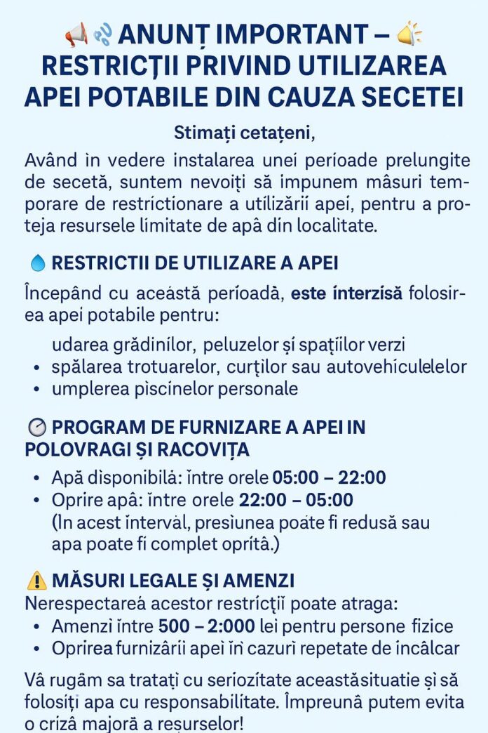 Polovragi impune restricții severe asupra apei potabile din cauza secetei